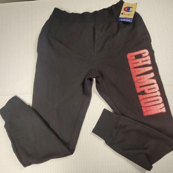 Champion Reverse Weave Men's Large Joggers Spellout Patch Black NWT - Picture 1 of 8